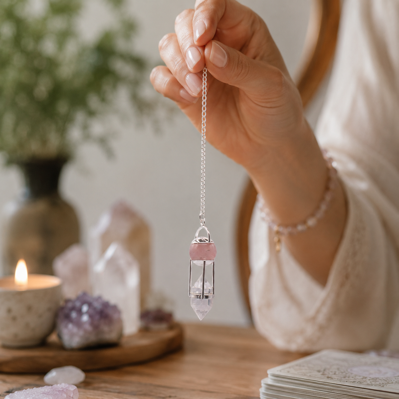 Détail du globe de quartz rose et de ses voiles internes
