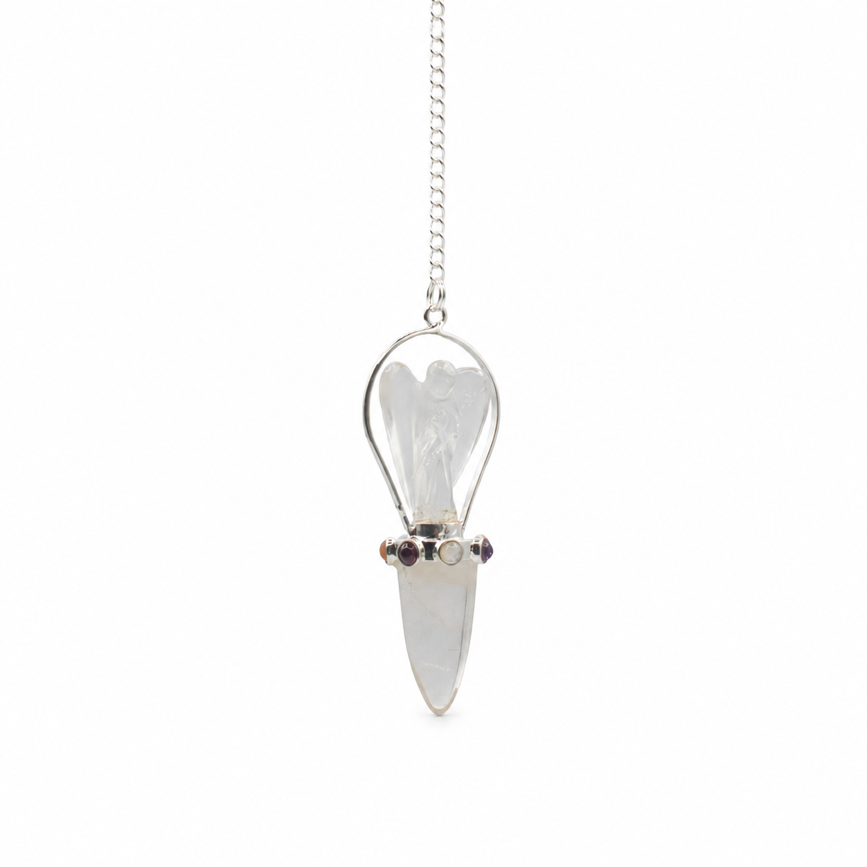 Pendule ange en cristal de roche avec bande des sept chakras sur la chaîne