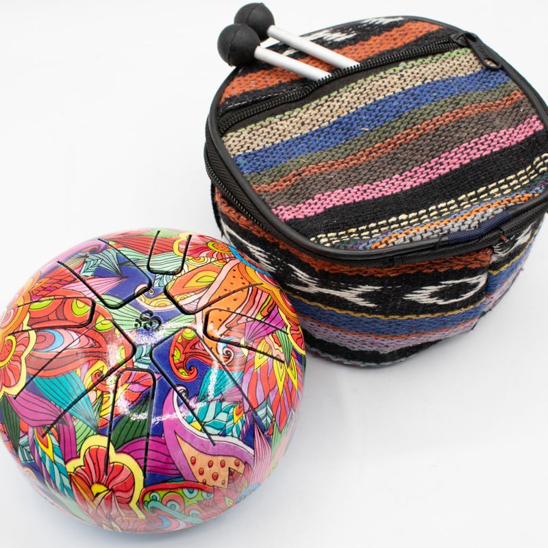Tongue drum en acier 13 cm motif psychédélique avec maillets et étui