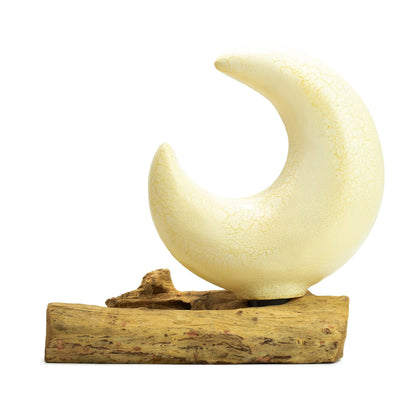Lampe en Bois Flotté Demi-Lune – Abat-jour Verre Craquelé Gris