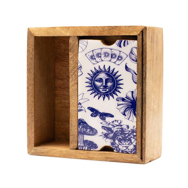 Boîte à cartes carrée en manguier à deux compartiments, couvercle coulissant imprimé bleu et blanc à soleil et croissants