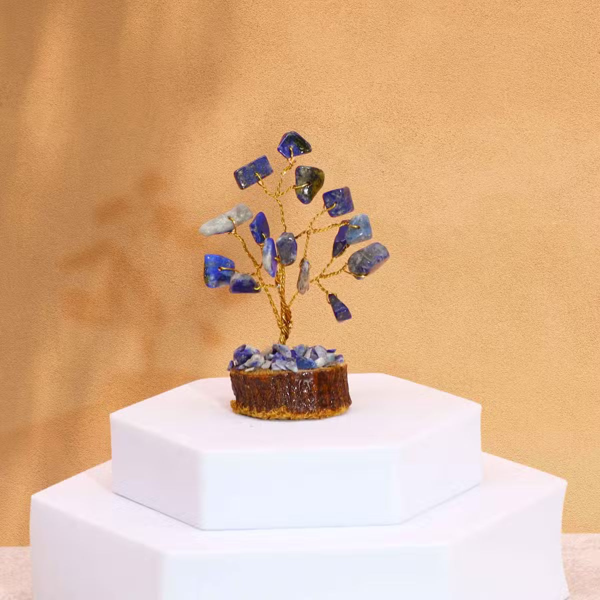 Mini arbre de sodalite sur socle en bois, 15 pierres