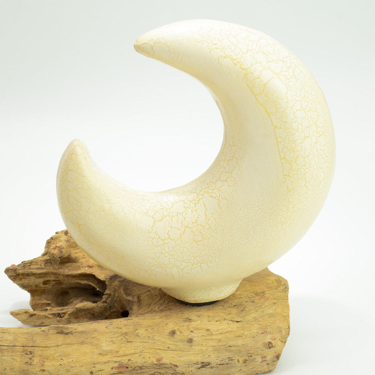 Lampe en Bois Flotté Demi-Lune – Abat-jour Verre Craquelé Gris