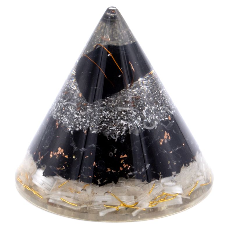 Cône en orgonite sélénite et tourmaline noire avec cuivre, 90 mm