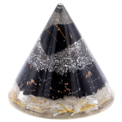 Cône en orgonite sélénite et tourmaline noire avec cuivre, 90 mm