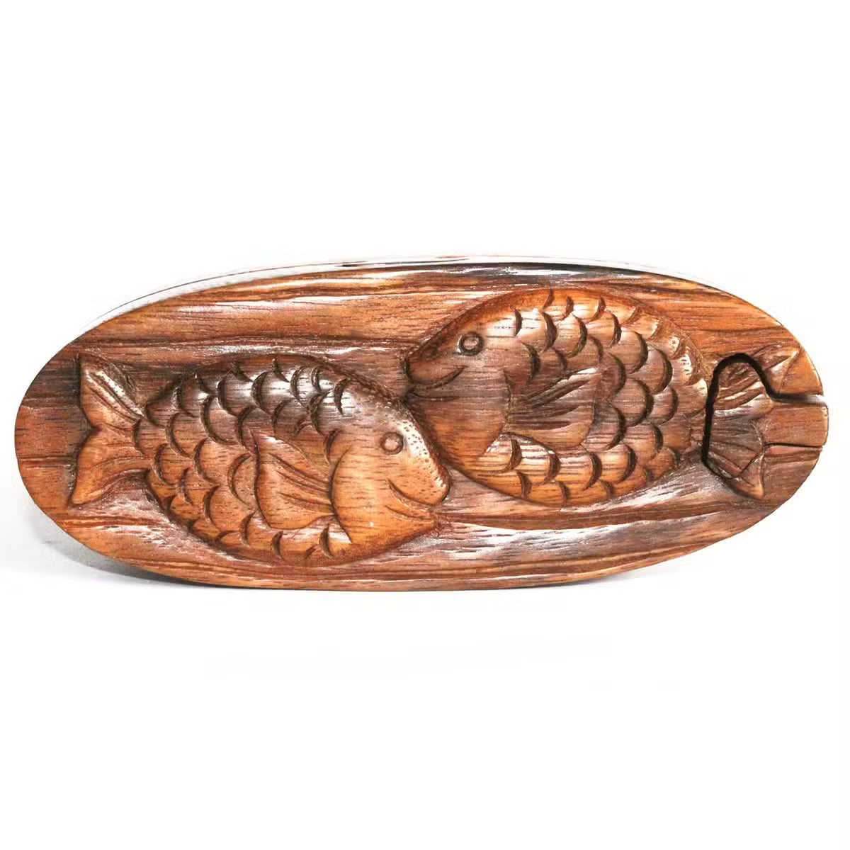 Boîte-puzzle en bois sculpté de Bali, deux poissons entrelacés