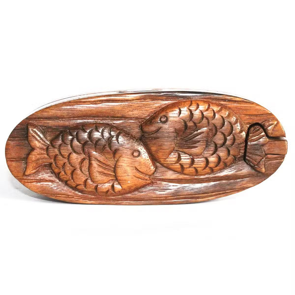 Boîte-puzzle en bois sculpté de Bali, deux poissons entrelacés