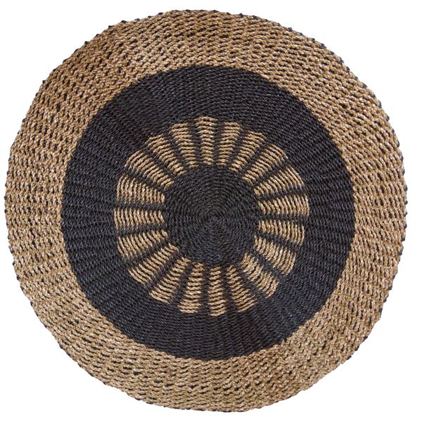 Tapis rond en jonc de mer d'un mètre, soleil à rayons noirs au centre, large anneau noir et bordure naturelle