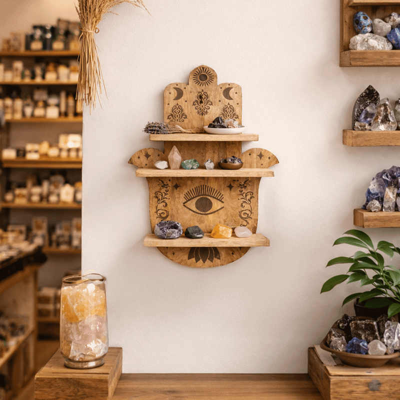 L'étagère hamsa accrochée à un mur blanc, ses trois tablettes garnies de pierres, d'une coupelle et d'un bouquet de lavande
