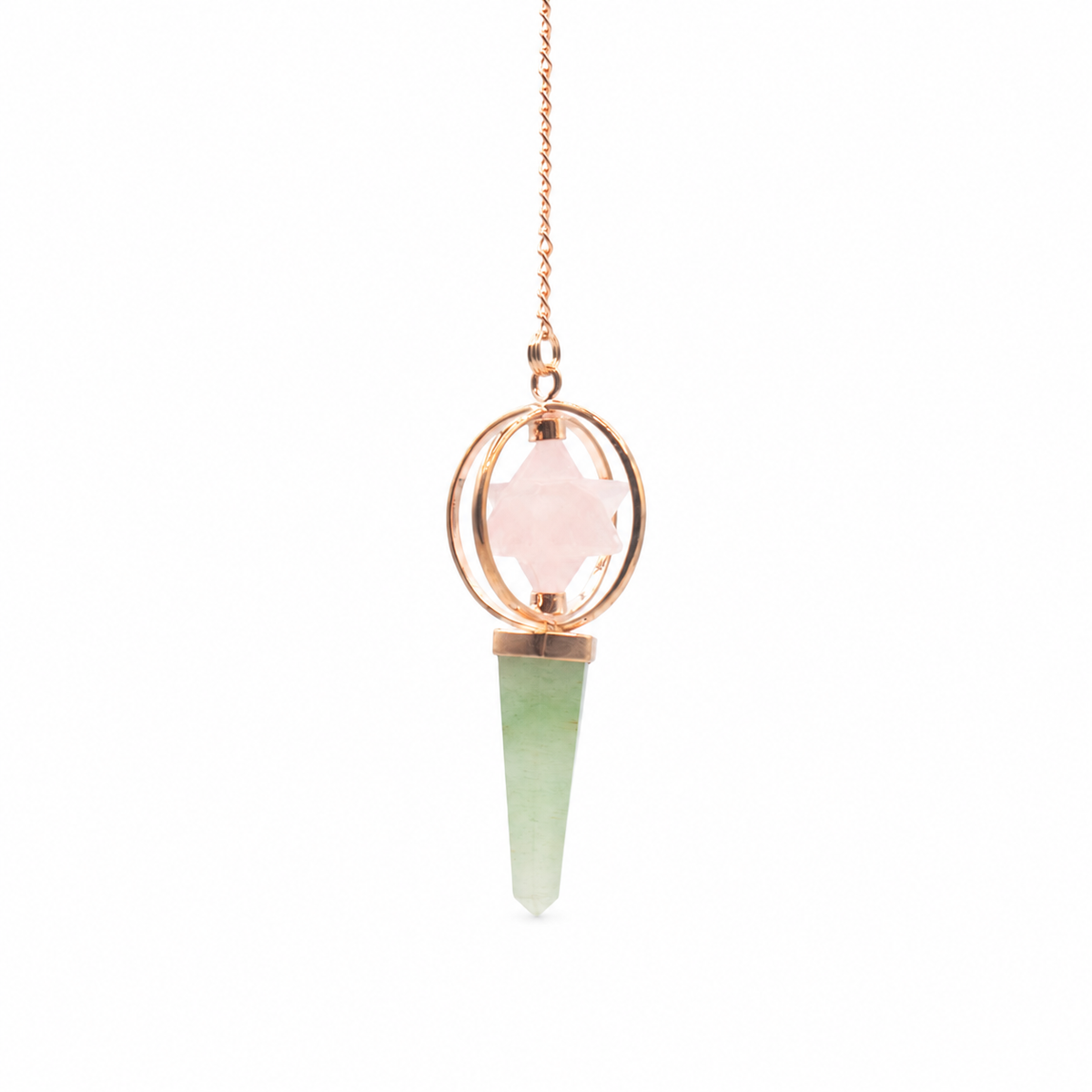 Pendule à étoile Merkaba tournante en cuivre, quartz rose et aventurine verte