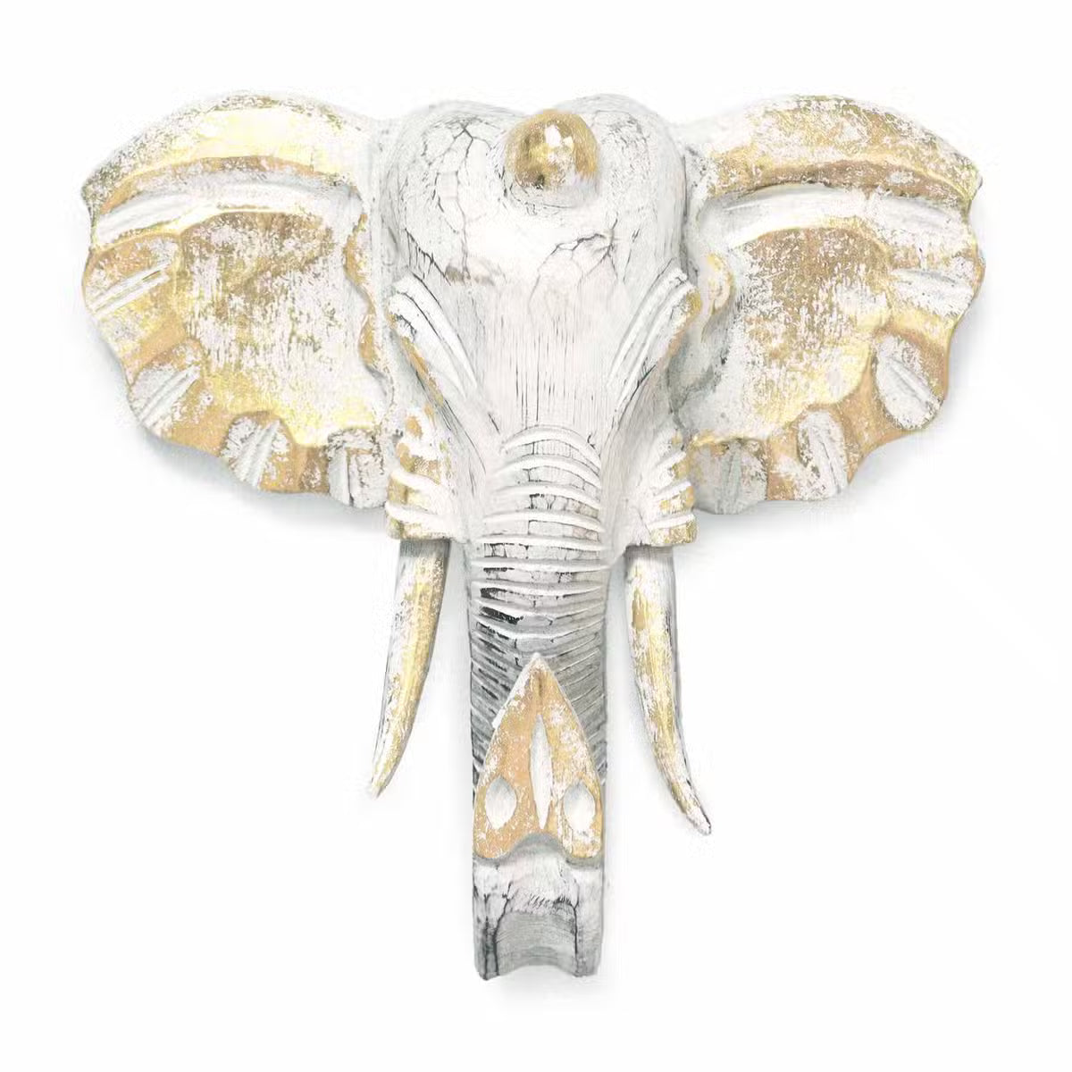 Tête d'éléphant murale en bois sculpté main, patine blanchie et or