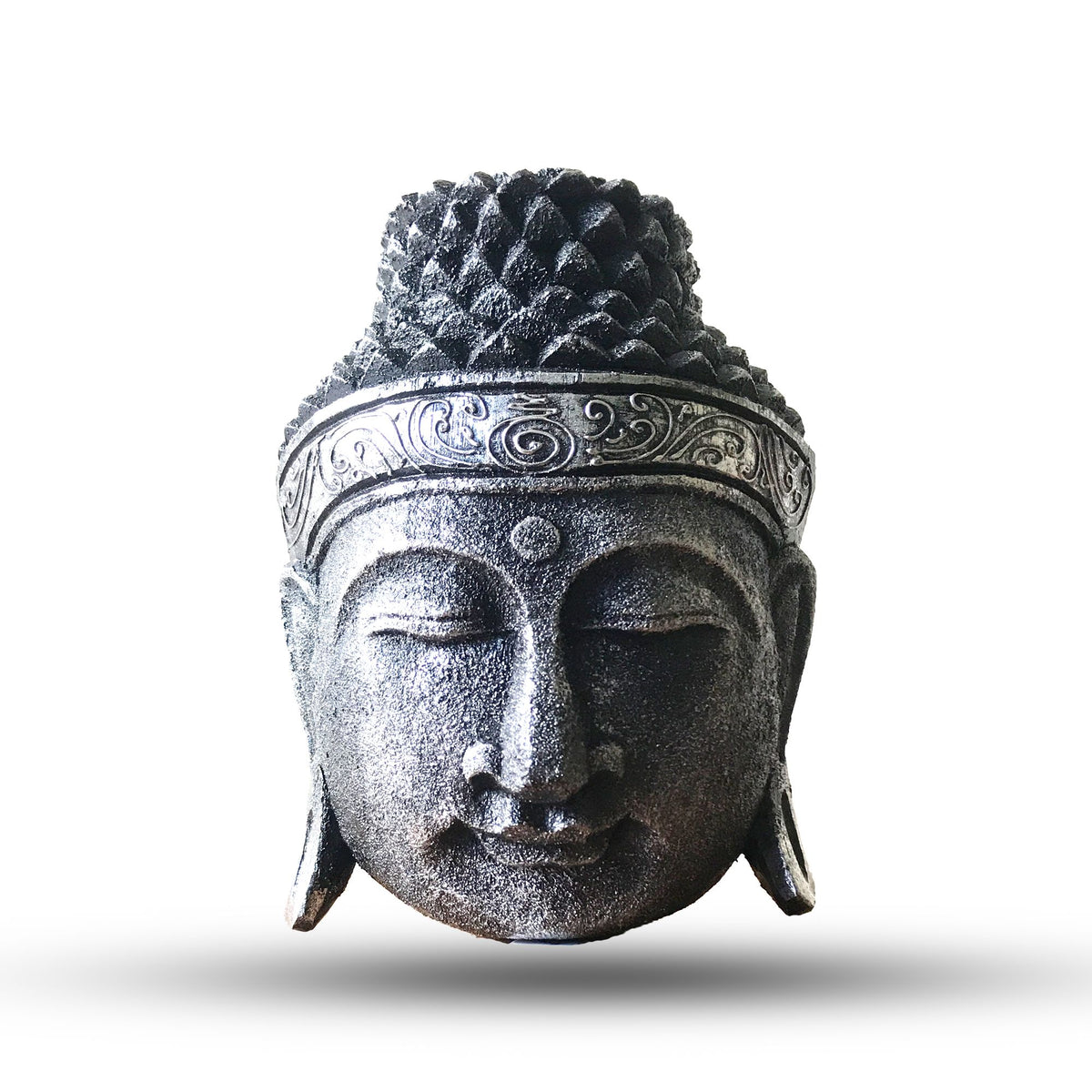 Tête de Bouddha de 25 cm à patine argentée, bandeau ciselé