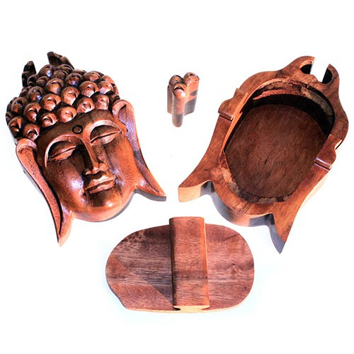 Boîte-puzzle de Bali tête de Bouddha sculptée, bois de saman, 10 cm