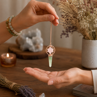 Détail du quartz rose et de l'aventurine sur l'armature de cuivre