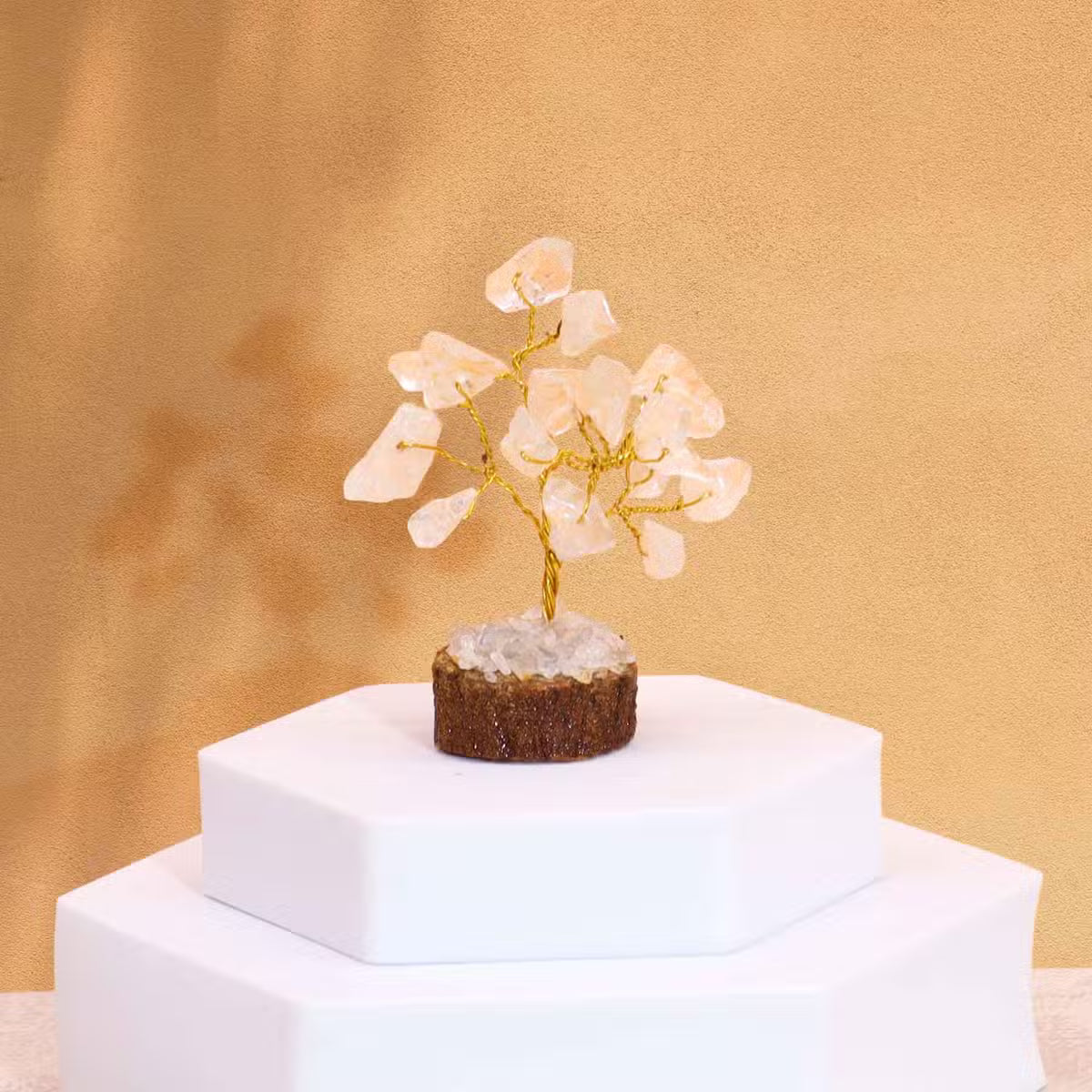 Mini arbre de cristal de roche sur socle en bois, 15 pierres