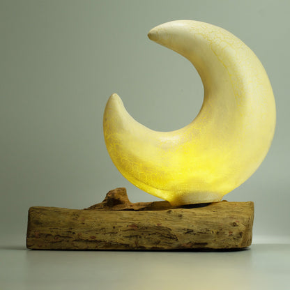 Lampe en Bois Flotté Demi-Lune – Abat-jour Verre Craquelé Gris