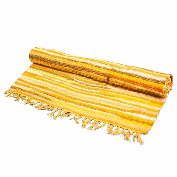 Tapis chindi 150 x 200 cm roulé, camaieu de jaunes safran et moutarde, franges écrues