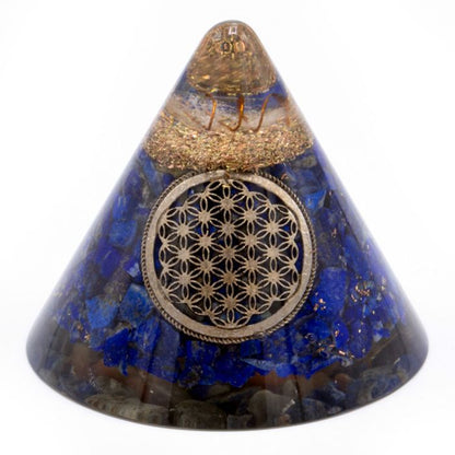Cône en orgonite lapis-lazuli avec pointe de quartz suspendue, 90 mm