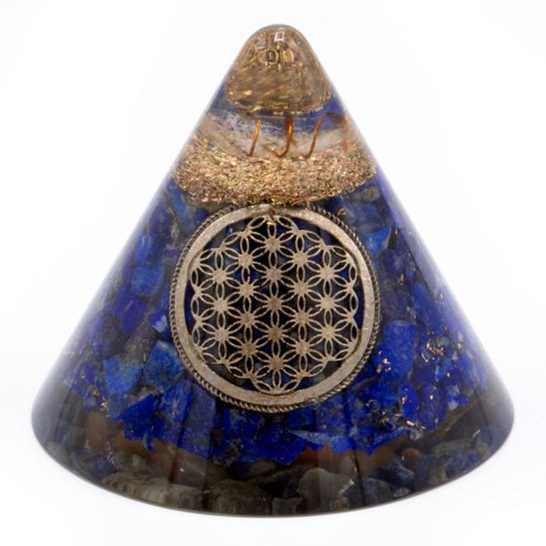 Cône en orgonite lapis-lazuli avec pointe de quartz suspendue, 90 mm