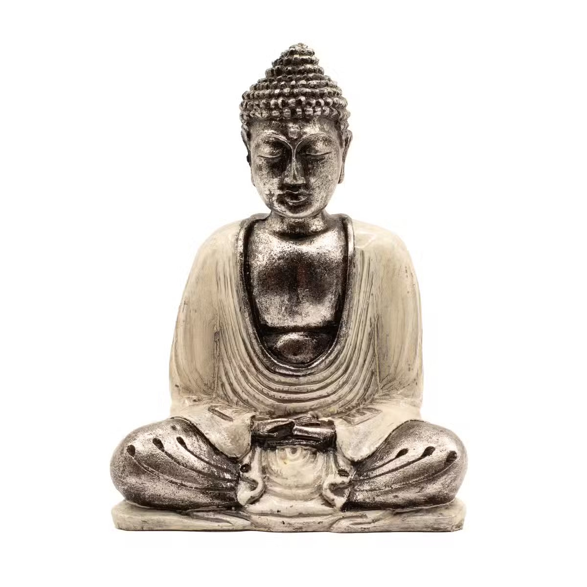 Bouddha de Bali assis en résine peinte main, blanc et gris, 15 cm