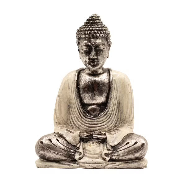 Bouddha de Bali assis en résine peinte main, blanc et gris, 15 cm