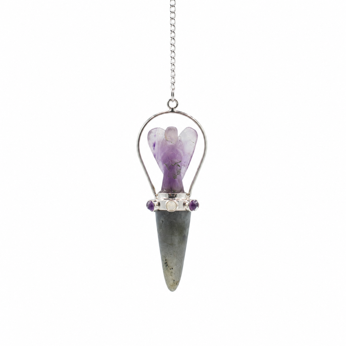 Pendule ange en labradorite et améthyste avec bande des sept chakras