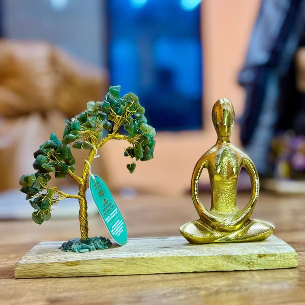 Jardin yoga posture du lotus avec arbre d'aventurine verte