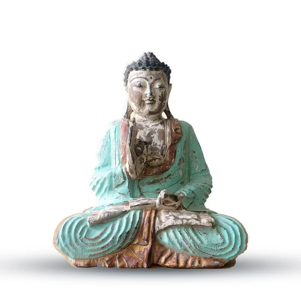 Statue de Bouddha en bois sculpté main, patine vintage vert d'eau, 30 cm