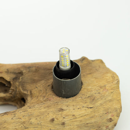 Lampe en Bois Flotté Demi-Lune – Abat-jour Verre Craquelé Gris