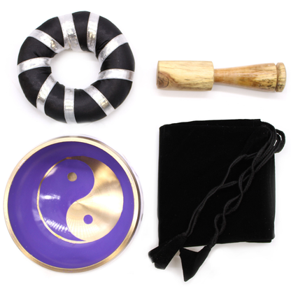 Coffret bol chantant yin et yang blanc et violet avec coussin, maillet et pochette