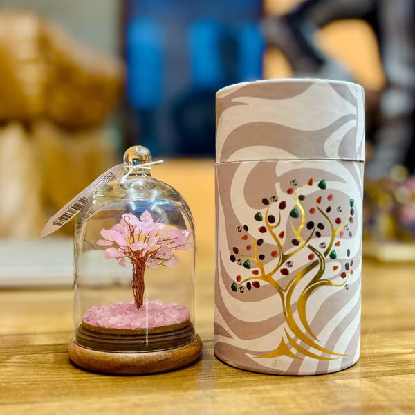 Dôme de verre avec petit arbre de quartz rose sur socle en bois