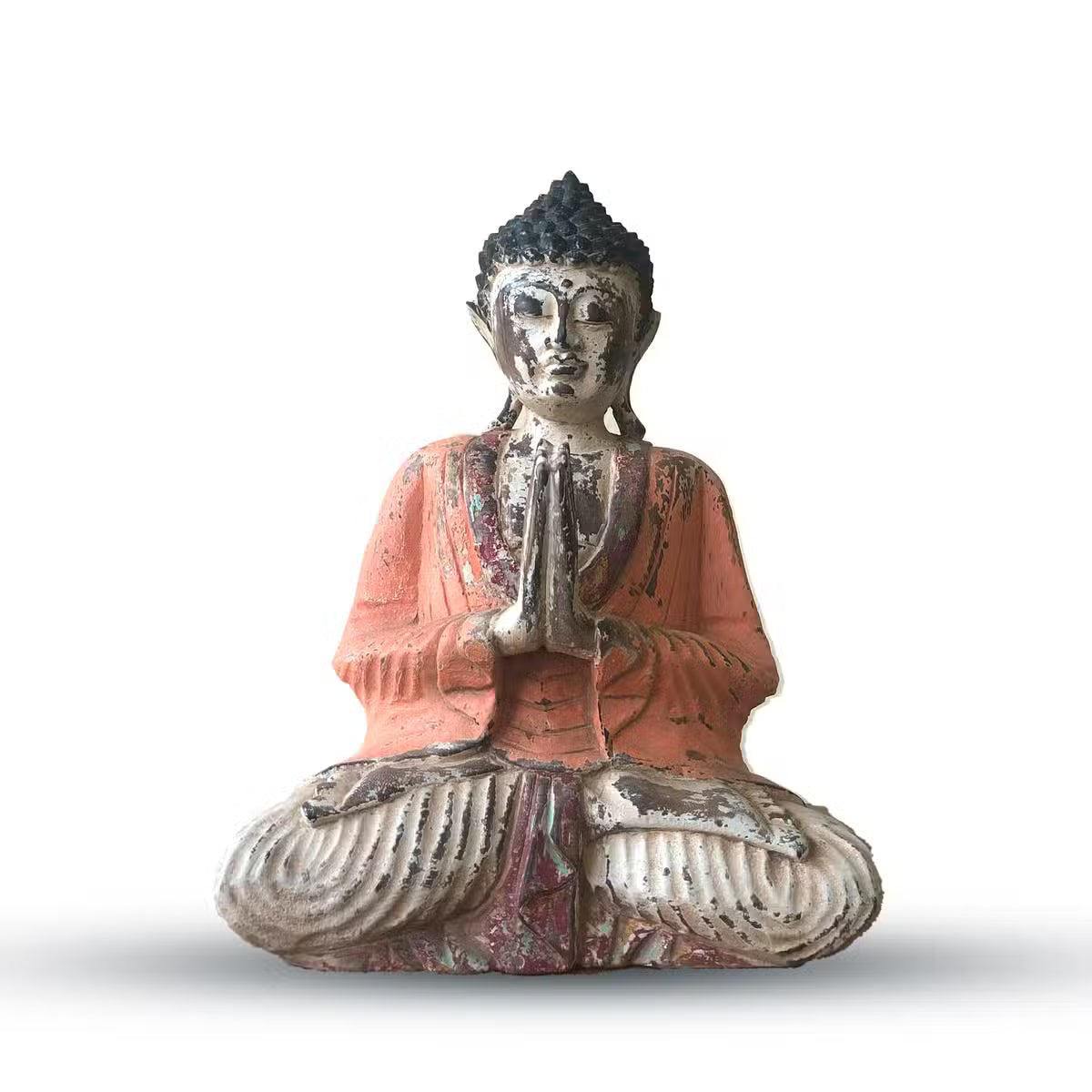 Statue de Bouddha en bois sculpté main, patine vintage orange, 30 cm