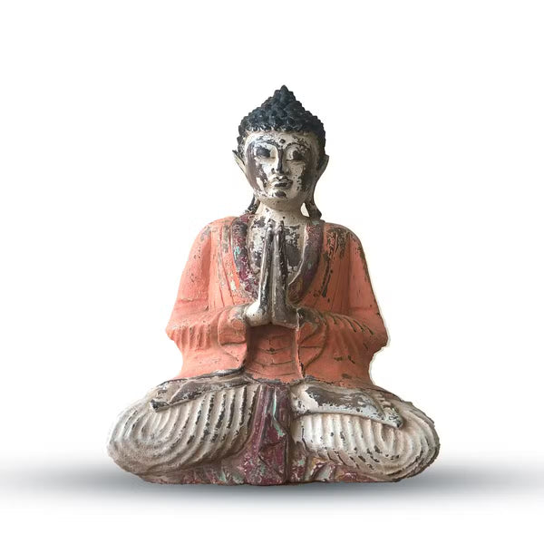 Statue de Bouddha en bois sculpté main, patine vintage orange, 30 cm