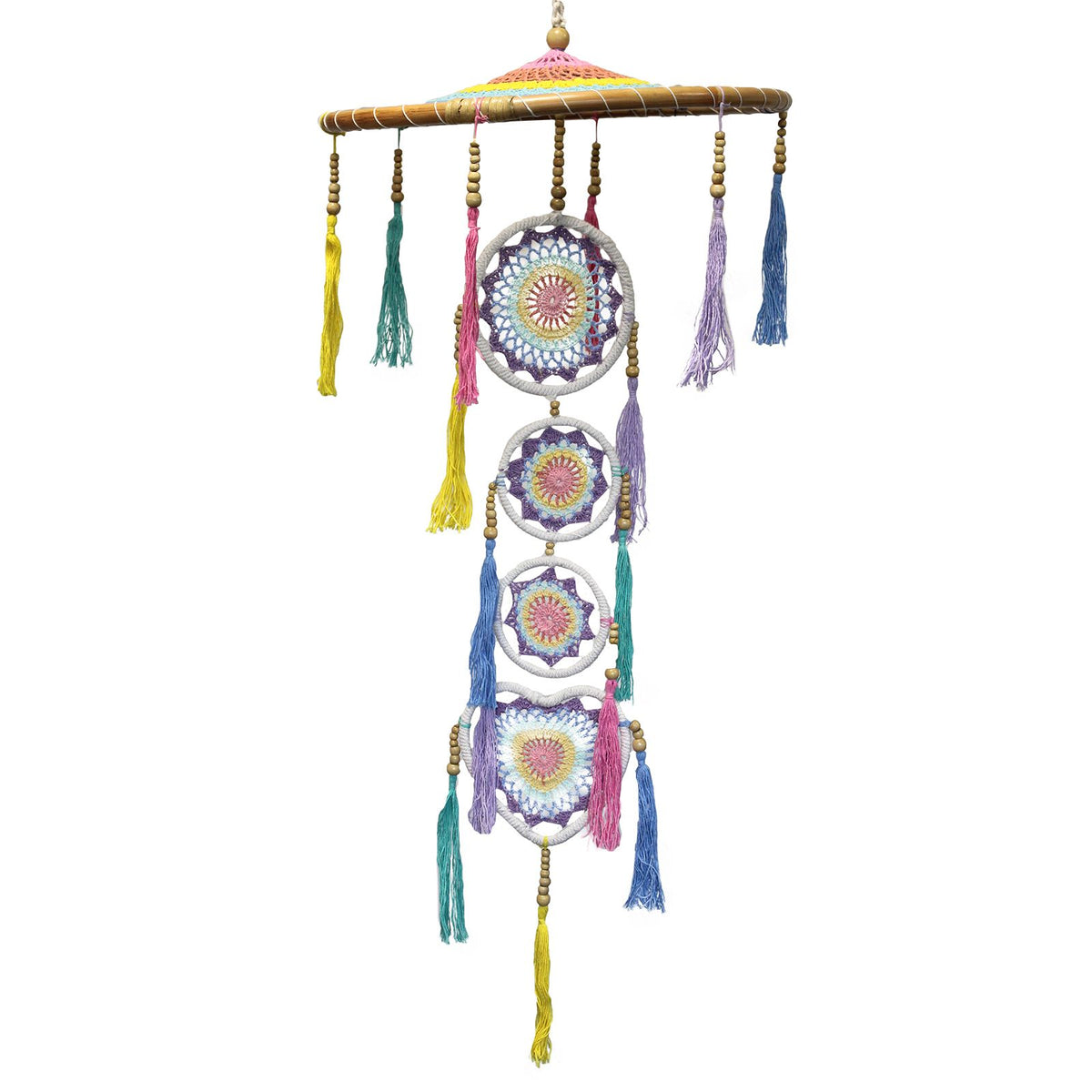 Grand attrape-rêves 120 cm en fils de coton pastel