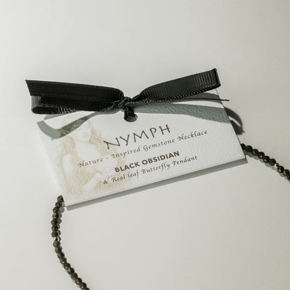 Collier Obsidienne Noire – Pendentif Papillon en Véritable Feuille
