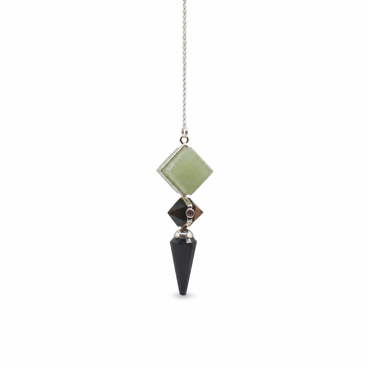 Pendule trois pièces en agate noire, aventurine verte et œil de tigre