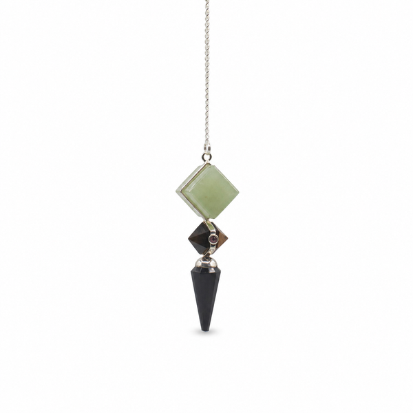 Pendule trois pièces en agate noire, aventurine verte et œil de tigre