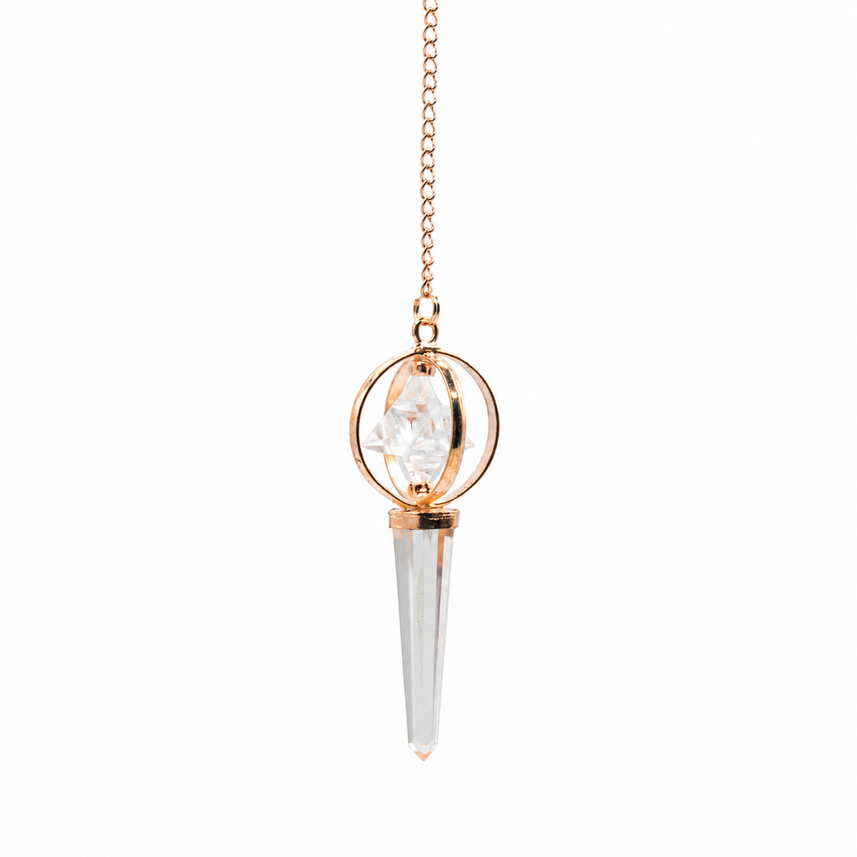 Pendule à étoile Merkaba tournante en armature cuivre, cristal de roche