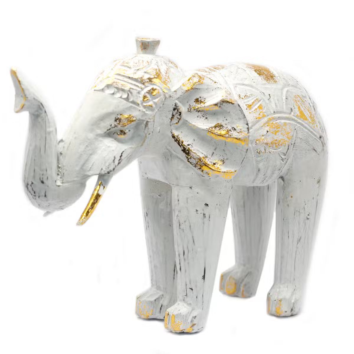 Éléphant en bois sculpté main, patine blanche et or