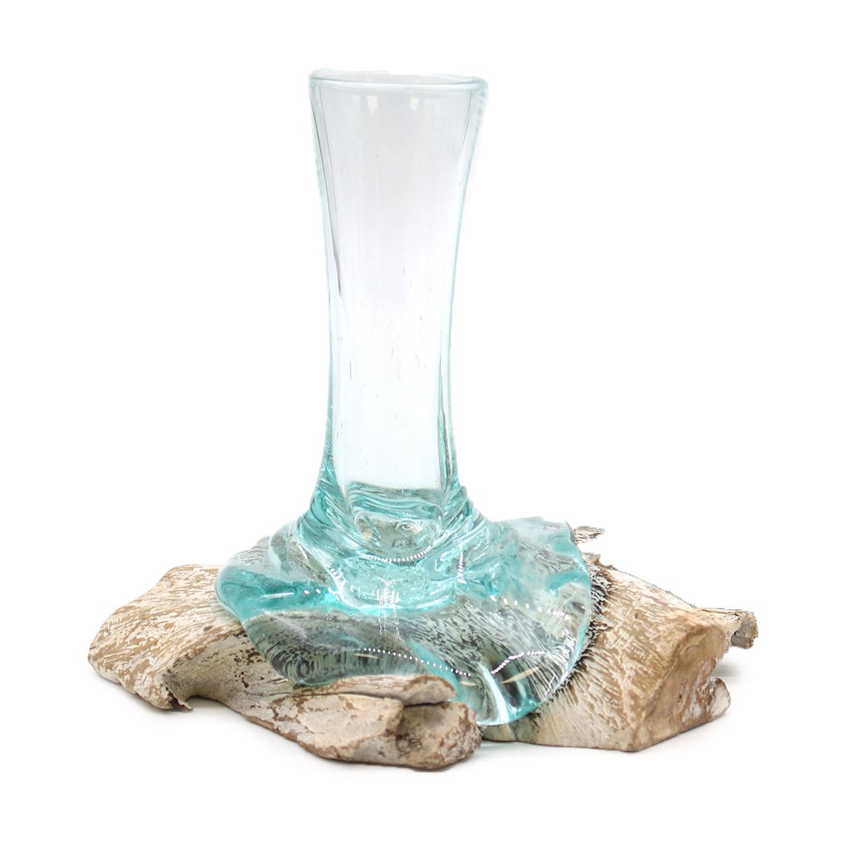 Soliflore en verre soufflé jaillissant d'une racine de bois blanchie étalée à plat