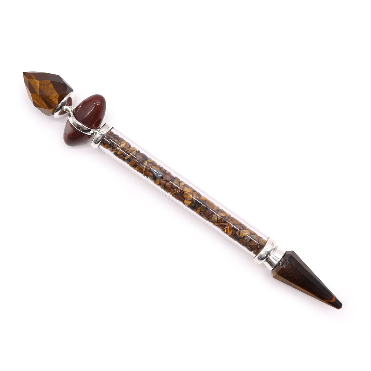 Baguette double pointe en œil de tigre de 19,5 cm, bandes dorées et brunes