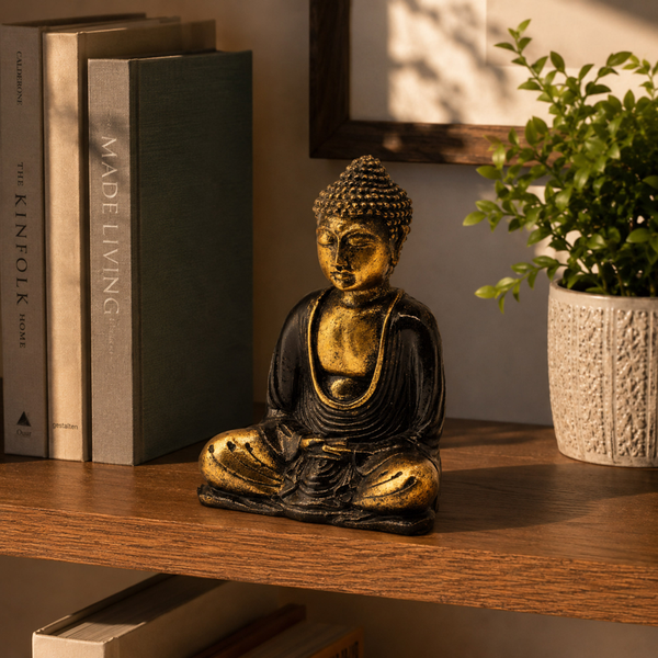 Bouddha de Bali 15 cm en résine peinte main, robe noire et or