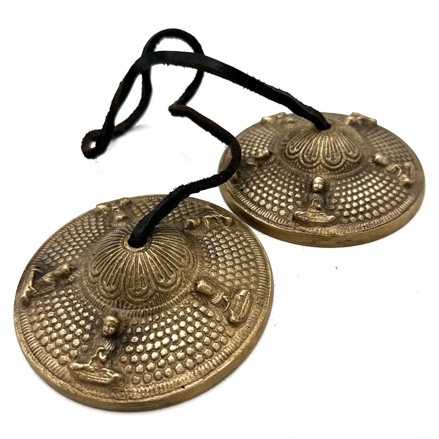 Grande paire de cymbales tingsha en laiton gravées des cinq Bouddhas, 9,5 cm