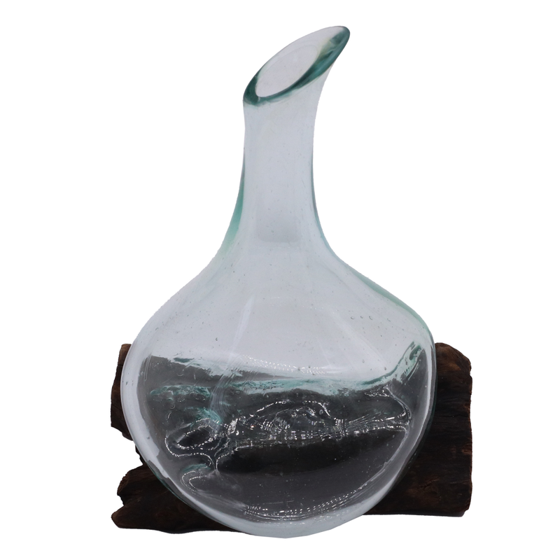 Carafe en verre recyclé soufflé coulé sur base en bois de gamal, 20 cm
