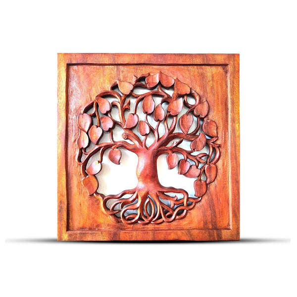 Panneau mural carré 40 x 40 cm en bois de suar : arbre de vie ajouré dans un médaillon rond, cadre massif