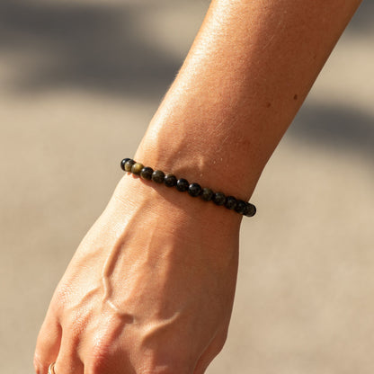 Bracelet Obsidienne Dorée Perles 6 mm – Élastique, 17 cm