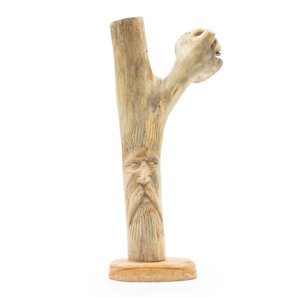 Sculpture de l'Homme Vert en bois parasite balinais, visage de feuillage