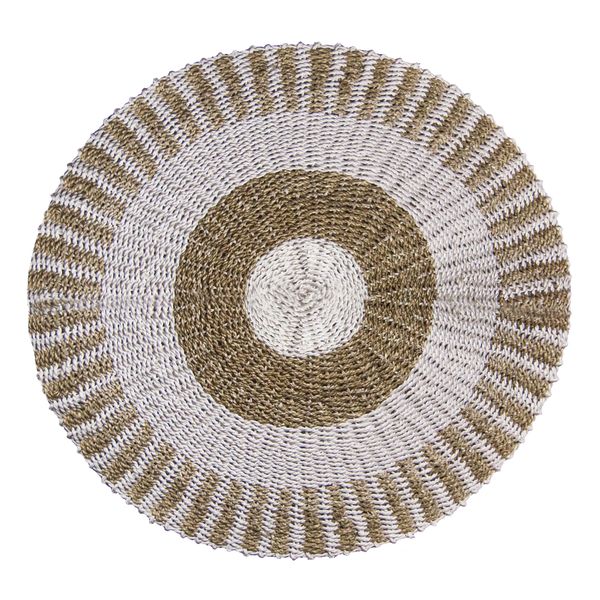 Tapis rond en jonc de mer d'un mètre, centre clair, anneau brun puis large cercle blanc et bordure rayonnante