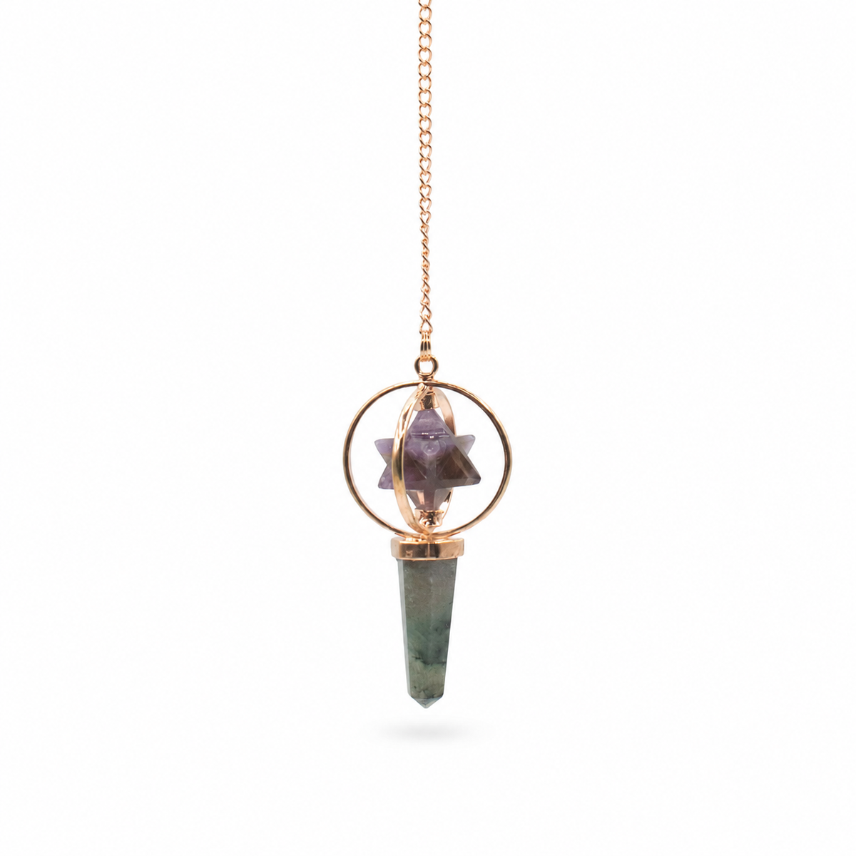 Pendule à étoile Merkaba tournante en cuivre, améthyste et labradorite