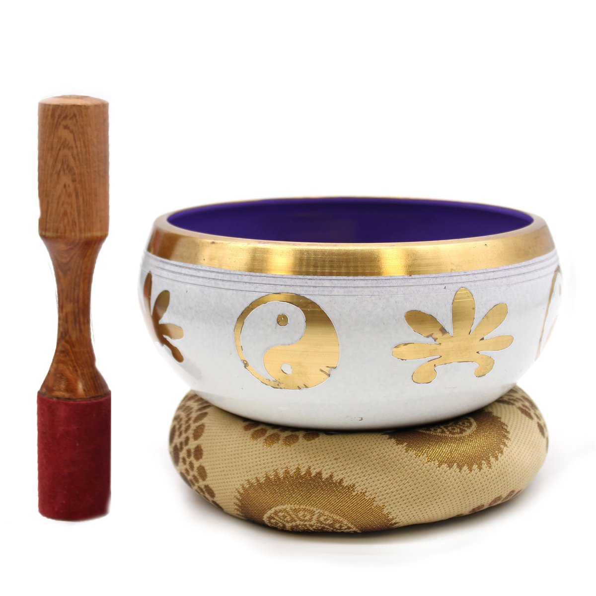 Grand coffret bol chantant 14 cm yin et yang avec coussin brocart et maillet